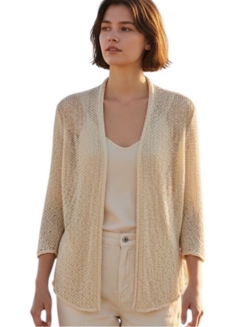 Eileen Fisher Cardigan Cream Cotton Open Knit Tape Italian Yarn 3/4 Sleeve